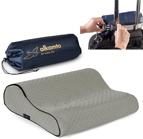 alkamto resekudde - ergonomiskt nackstöd camping minnesskum kudde med temperaturreglerande örngott - ingår vattentät resväska (grå 35 x 30 x 10/8 cm)