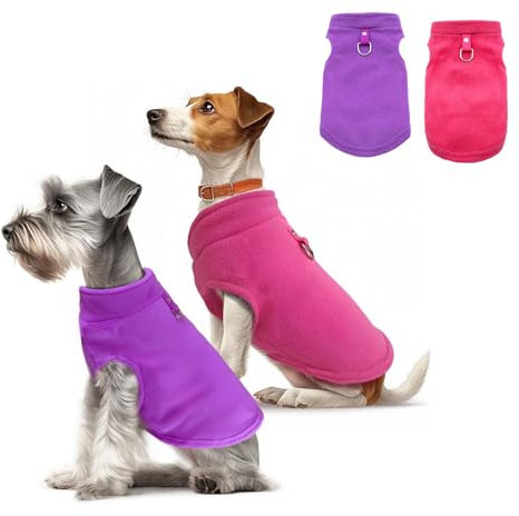 AWAVM 2-pack hundtröjor, hundtröjor med koppel D-ring, varm och mjuk vinterjacka, fleecetröjor för små katter och hundar (lila och rosenröd, S)