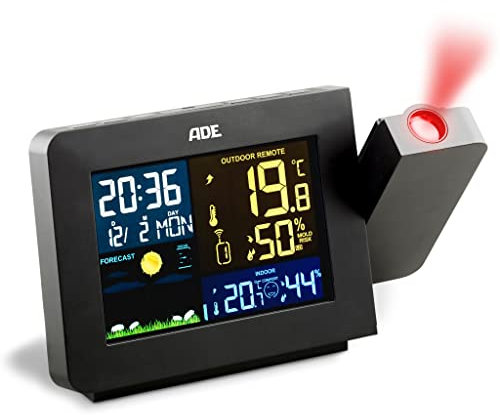 ADE Wetterstation WS1911 mit Projektion und Funk-Außensensor, Thermometer, Hygrometer, Raumklima-Indikator, beleuchtetes LCD-Display, Wecker & Funkuhr mit DCF Zeitsignal und Datum, schwarz