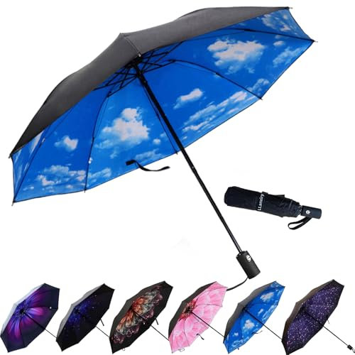 LLanxiry Compact Travel Umbrella, 44 Canopy, Automatic Open/Close Windproof Umbrella, 210T Pongee, 8-Rib Fiberglass, Travel Size Mini, Portable Rain/Sun Umbrellas UPF 50+ with Cover