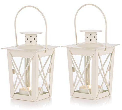 Nuptio Farol de Techo/Colgante, Farol portátil de Cristal, Linterna Retro de Hierro, araña de hogar/Patio (Blanco, 2 Pcs)
