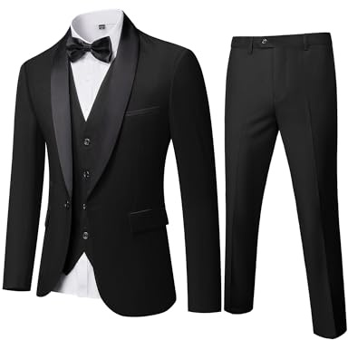 MY'S Mens 3 Piece Tuxedo Set with Bow Tie, Shawl Lapel One Button Jacket Vest & Pants, Slim Fit Suit Prom Party Wedding Tux, Black