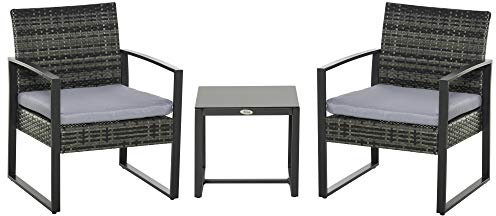 Outsunny Rattan, Polyrattan 3 TLG. Balkonmöbel Set Gartenmöbel mit Kissen Garten Grau