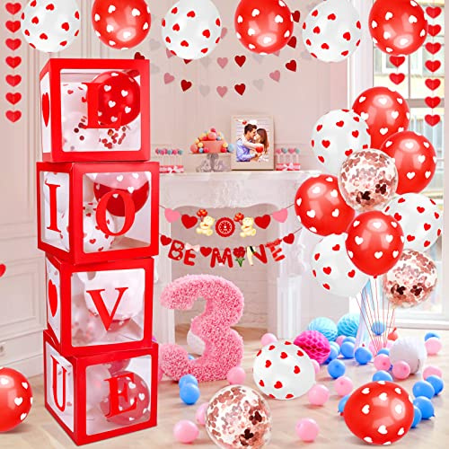 Qpout Valentine’s Day Balloon Boxes Party Decorations, 4 Pcs Red Valentine's Party Transparent Balloon Boxes with 32 Red Balloons & Letters LOVE & 2m String Light for Wedding Decorations
