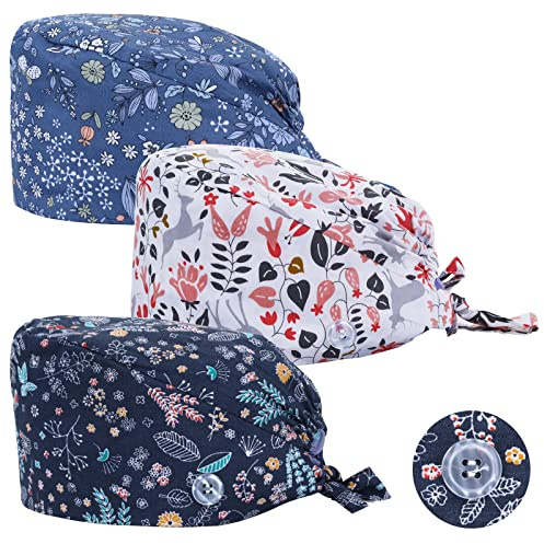 3 Pièces Casquettes de Travail Réglable Bandana avec Bouton Chapeau de Peintre Coton Imprimé Unisexe Casquette Cache Poussière（Style Feuille）