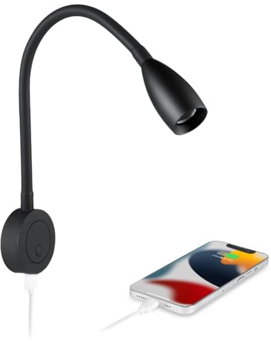 Obeaming 12V Leselampe Camper LED Dimmbar Flexible Schwanenhals Spot Augenpflege Bettlampe Wandmontage für Wohnmobil Boot Wohnwagen Yacht, Wandlampe Eingebautes USB und Dimmschalter (Schwarz Matt)