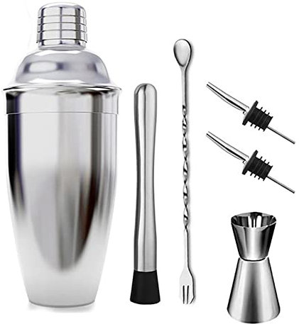 Lot de 6 shaker à cocktail en acier inoxydable - Pour martini - Pilon - Mélangeur - Cuillère à bec verseur