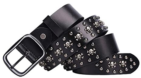 JIARY Damengürtel,Nietengürtel,Damen und Herren Doppelloch Gürtel mit Punk StyleTotenkopf Mode Western Cowgirl NietenGürtel,Schwarz,120cm/47.2''