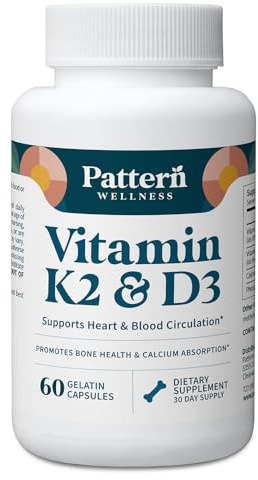 Pattern Wellness Vitamin K2 & D3 Supplement with Calcium – Bone Health, Circulatory Wellness & Immune Support - Non-GMO - 60 Capsules