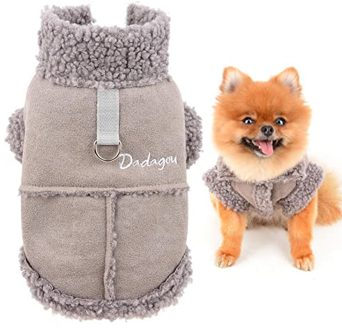 SMALLLEE_LUCKY_STORE Haustier-Wildlederjacke Fleece gefüttert, Wintermantel mit D-Ring für kleine Hunde Katzen Welpen, Chihuahua Yorkie warme Kleidung für kaltes Wetter, Grau, S