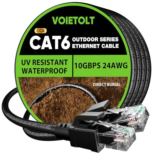 VOIETOLT Outdoor Cat 6 Ethernet Cable 35m, Water Resistant Direct Burial LLDPE UV Jacket - 24AWG 10Gbps High Speed Gigabit Internet Network Cable - CCA, UTP with 40 Ties - Black