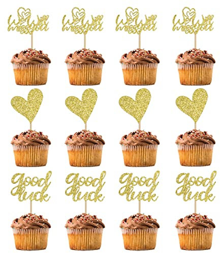 BIABISD 12 PCS We Will Miss You Cupcake Toppers Good Luck Themed Cupcake Toppers Retirement Theme Party Cake Decorations Supplies (Gold)