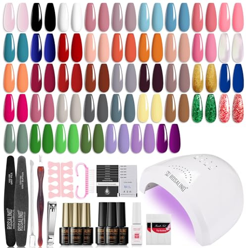 ROSALIND 43PCS Gelnägel Starterset Nagelset Schwarz Rosa WeiB Blau Grün Violett 48W UV LED Lampe UV Nagellack Set mit UV Lampe Set Starterset Top Coat Base Gel Gelnägel Maniküre Set Komplett