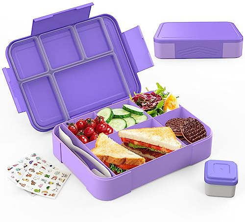Brotdose Kinder mit Fächern, Auslaufsichere 1300ml Lunchbox mit 5 Fächern | Besteckset, auslaufsichere Lunchbox für Kindergarten, Schule, Picknick, Ausflüge, Lila
