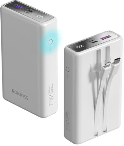 ROMOSS Touch Button PAC20 Portable Charger 20000mAh, PD 22.5W Fast Charging Power Bank with Built in Cables, 3 Output 2 Input USB C Battery Pack Phone Charger for iPhone 17/16/15, Galaxy, Google etc