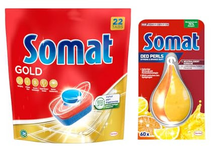 SOMAT Tabs 22 AW Gold, Geschirrspül Tabs für sauberes Geschirr auch bei niedrigen Temperaturen, gegen Eingetrocknetes + Somat Duo Power Experten Deo Perls 60 AW Zitrone & Orange Duft