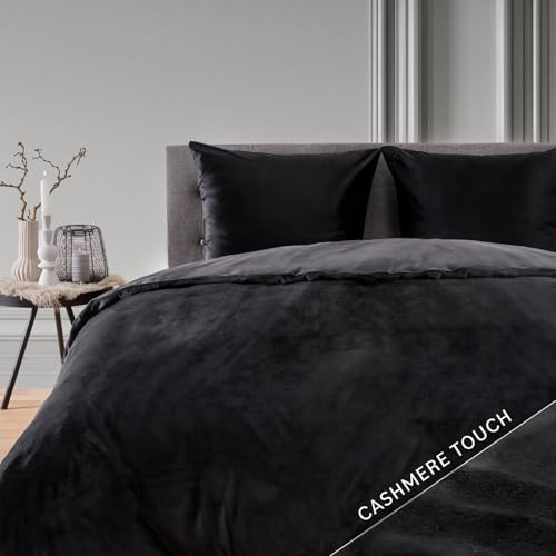 Blumtal Winterbettwäsche 135x200 cm Cashmere-Touch Plüsch – Flauschiges Mikrofaser-Set, Oeko-TEX Zertifiziert, 1 Deckenbezug + 1 Kissenbezug 80x80 cm – Schwarz