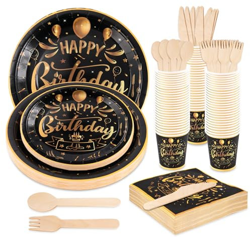 Anstore Assiette Anniversaire, 200 Assiettes en Carton Réutilisables, Vaisselle de Fête en Papier Noir et Or avec Cuillère Fourchette Couteau Gobelet Serviettes pour 25 Invités Pour Fête,Mariage,Noël