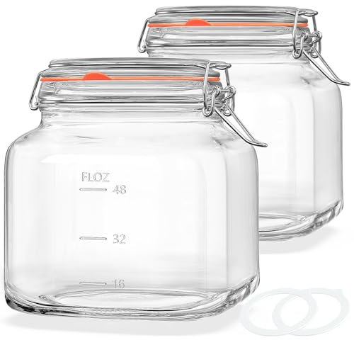 Large Glass Jars with Airtight Lid, 2 Pack Glass Food Storage Jars with 2 Scale Marks, Square Glass Canisters for Flour, Cereal, Coffee, Pasta, Cookies, Pickle, 0.6 Gallon Wide Mouth Mason Jars