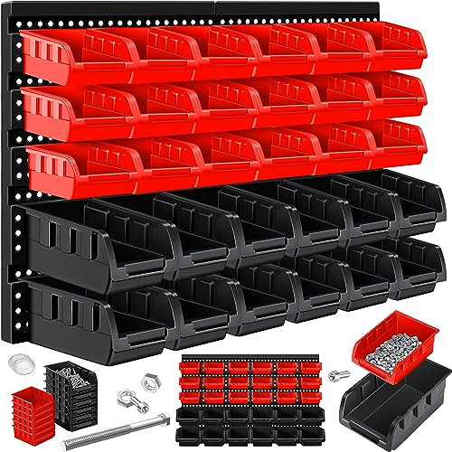 MASKO® Stapelboxen + Wandregal 32-teiliges Set Box Sichtlagerkästen Schüttenregal Steckregal, Hängeregal, Sortimentskasten, Kleinteilemagazin, Werkstatt-Regal, Schwarz/Rot
