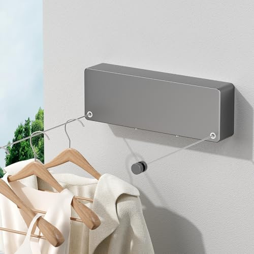 Tendedero retráctil para interiores, tendedero retráctil para exteriores, resistente para montaje en pared, acero inoxidable ajustable para lavandería, baño, 15.8 pies, líneas dobles color gris