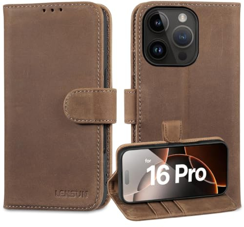 LENSUN Echtleder Hülle für iPhone 16 Pro, RFID Schutz - Vintage Dunkelbraun | Handyhülle Echtes Leder, Magnetverschluss Handytasche, Klappbar Lederhülle, Brieftasche Kartenfach