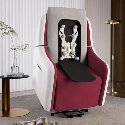 COMHOMA Elektrisk relaxfåtölj, massagefåtölj med Power Lift, med SL-massagefunktion, vilstol, TV-fåtölj, fjärrkontroll med USB-port för seniorer, avtagbart ryggstöd, rött tyg