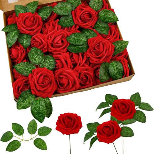 DERAYEE 25 Stück Künstliche Rosen Blumen Fake Schaumstoff Rosen Köpfe mit Stiel Künstliche Blumen Rose in Boxen für Hochzeitsdeko,Brautsträuß Heiratsantrag,Geburtstag,Party,Home deko