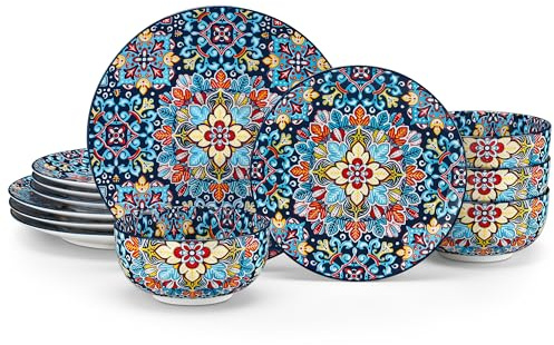 vancasso 12 Pieces Dinnerware Sets, Red Plates and Bowls Set, Porcelain Dishes Set for 4, Microwave and Dishwasher Safe, Scratch Resistant, Bohemian Style Dining Ware Service for 4, Series SIMI