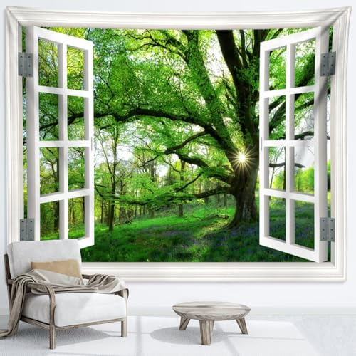 Hoisy Wandteppich Wald Klein Wandtuch Grün 150x130 Waldlandschaft Wandteppich Fensterblick Natur