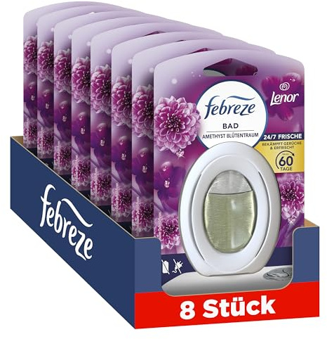 Febreze Amethyst Blütentraum Bad Lufterfrischer 8x, Kontinuierliche Geruchsbekämpfung und -verhinderung | Bekämpft und verhindert Badgerüche kontinuierlich und sorgt für lang anhaltende Frische.