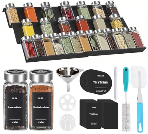 Truevaste 24er Set Eckige Gewürzgläser 120ml mit 6er Gewürzregal Schublade Einsatz für Ordnung in der Gewürzschublade, Gewürzdosen mit Luftdichte Edelstahl Deckel, inkl. 300 Etiketten & Zubehör