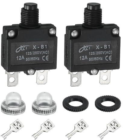 sourcing map 2PCS 12A Thermal Circuit Breakers, 125/250V AC,32V DC Manual Reset Push Button Overload Protector Circuit Breaker with Waterproof Button Caps Quick Connector Terminals, X-B1