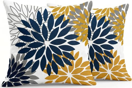 JANGYUHH Juego de 2 Fundas de Cojín de 45x45 cm Diseño Floral Moderno de Doble Cara Azul Naranja para Sofá Dalias para Exterior de Lino Decorativas para Sofá Jardín Sala De Estar Cama