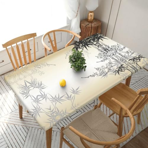 EZDLOWVBA Tovaglia con stampa zen con albero di bambù e fiori di ciliegio, copertura per tavolo con angoli, impermeabile, bordo elastico, tovaglia in plastica adatta per tavoli pieghevoli per picnic