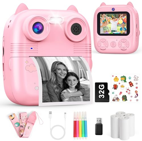 Appareil Photo Instantané Enfant, 1080FHD 48MP Doubles Lentilles 2.4 IPS Écran Appareil Photo Enfant, 4 Rouleaux de Papier d'impression Carte 32G Selfie Caméra Cadeau pour Garçons Filles de 3 à12 Ans