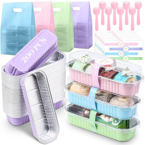 Acellegic 848 Pack Macaron Mini Loaf Pans Set with Lids and Spoons Include 200 Macaron 6.8oz Disposable Aluminum Foil Baking Pans 200 Lids 200 Spoons 200 Sealing Stickers 48 Gift Bags for Dessert Cake