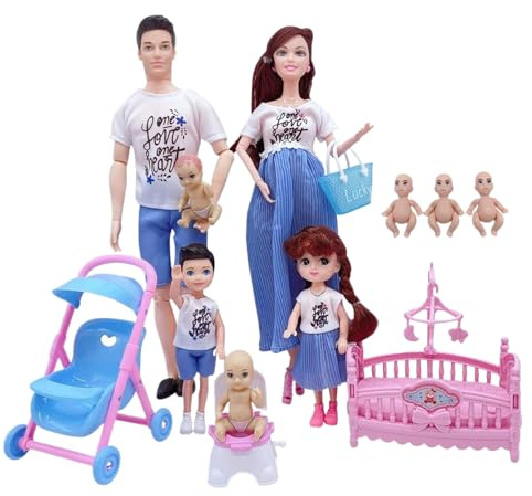 Set di bambole da 5 persone con gravidanza, set di bambole per famiglia, bambola incinta sicura con papà e 3 bambini, 5 persone con accessori per casa delle, fai finta di giocare con il gioca