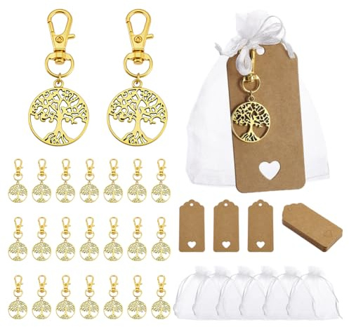 PH PandaHall Set di 24 portachiavi con albero della vita, bomboniere per riunioni di famiglia, con sacchetti regalo in organza, portachiavi con albero dorato antico con etichette vuote, per matrimoni