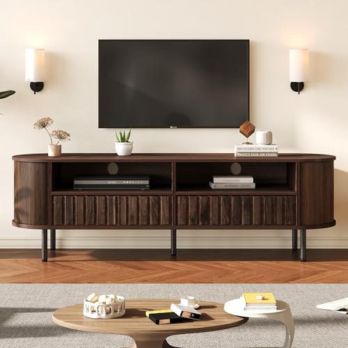 Wiuzo Armario de TV de 160 x 40 x 48 cm, mueble bajo con 2 armarios, armario de salón con 2 cajones, soporte de TV color nogal, MDF, soporte de TV con 5 patas de apoyo, adecuado para televisores de 65