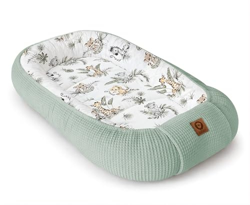 Babynestchen Neugeborene – Nestchen Baby aus Waffel Baumwolle & Baumwollstoff – Babynest für Babybett & Kinderbett – Baby Kokon Tragbar – OEKO-TEX – Zubehör für Babybett - Safari und Mint