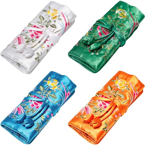 Sxutop 4 Pcs Rouleau de Sac à Bijoux de Voyage Brodé Orientale,4 Couleurs | Pochette à Bijoux en Soie,Fermeture à Nouer,Broderie Florale et Oiseau,Pliable,pour Bijoux Bagues Colliers Earrings