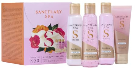 Sanctuary Spa Lily & Rose Mini Spa Essentials Gift Set for Women, Body Wash, Bath Float, Body Scrub & Body Lotion, Floral Bath & Body Collection with White Lily & Rose