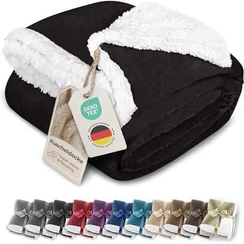 Gräfenstayn® Dicke Kuscheldecke flauschig & super weich - warme Sherpa-Fleecedecke in Lammfell-Optik als Wohndecke, Tagesdecke & Sofadecke - Überwurf Decke Sofa & Couch (Schwarz 200x150)