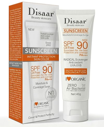 DISAAR BEAUTY SPF 90 Crème Solaire Protection Instantanée UVA UVB Fond de Teint PA+++ Oil Free Sunblock Cover Protect Protect Perfectly Moisturizing Coverage Surge 40g