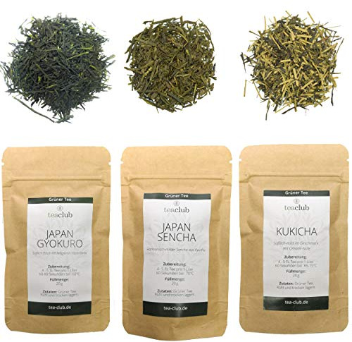 TeaClub Japanischer Grüner Tee Lose Probierset 3x20g – Premium Grüntee | Premium Japan Grüntee Geschenkset, Japan Sencha, Gyokuro & Kukicha, ideal als Teegeschenk, Japanese Green Tea, Doypack