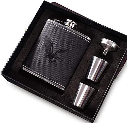 Flasque Alcool gainé de cuir en acier inoxydable Parfait pour 7oz/200ml Cadeaux Hommes anniversaire Anniversaire (Noir)