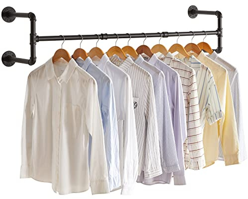 IBUYKE 127cm Barra Appendiabiti da Parete, Metallo Barra Appendiabiti per Tubo Industriale, Asta Appendiabiti da Muro Staccabile Per Appendere Gli Abiti per Camere da Letto, 4 Basi, Nero TYJ002H