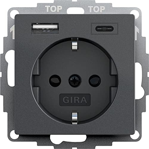 Gira 245928 Schuko Steckdose mit USB Typ A & C - System 55 Anthrazit | Schutzkontaktsteckdose mit erhöhtem Berührungsschutz - 32mm Einbautiefe - 3A Ladestrom - Unterputz