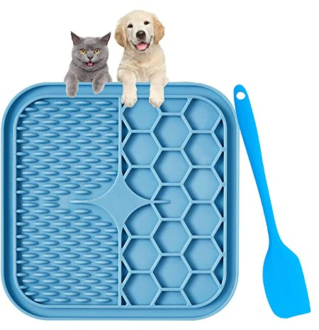 Bornfeel Leckmatte Hund 15x15cm Schleckmatte Hund mit 1 Silikonspatel BPA-frei Hunde Leckmatte für Welpen Katzenfütterung Haustieren Baden Fellpflege Pflegen Trainieren Blau